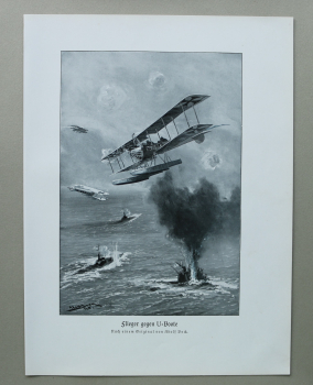 Marine / Deutsche Flieger gegen U-Boote / Doppeldecker Flugzeug / Marine Flieger / 1914-1918 / 1920er Jahre / 1. Weltkrieg 1.WK WWI / Patriotik Kunst Druck